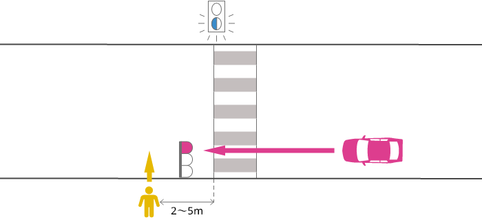 赤信号の直進車が片側2車線未満の道路の横断歩道を2～5m過ぎた辺りで黄（青点滅）信号の歩行者に被害を負わせた事故
