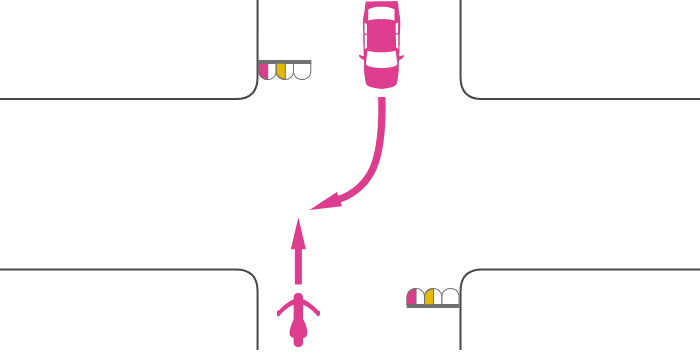 ともに赤点滅または黄点滅信号で交差点を直進する単車と対向右折する四輪自動車の事故
