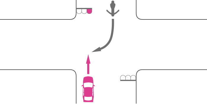 交差点を赤信号で直進する四輪自動車と対向右折する単車の事故